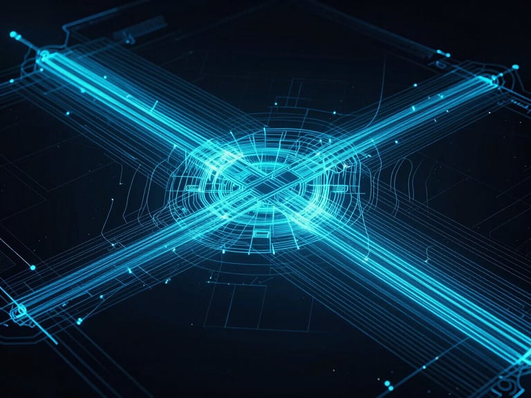 Schematic blueprint of an inter-dimensional gateway, glowing cyan lines on a dark background, sharp technical details, 35mm