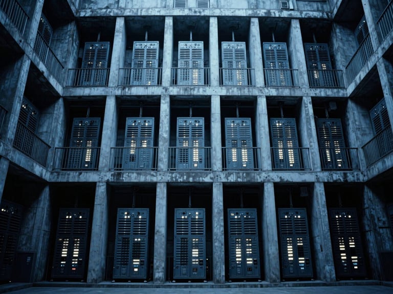 Wide, imposing architectural shot of a brutalist containment facility, cold blue lighting, high contrast, 35mm