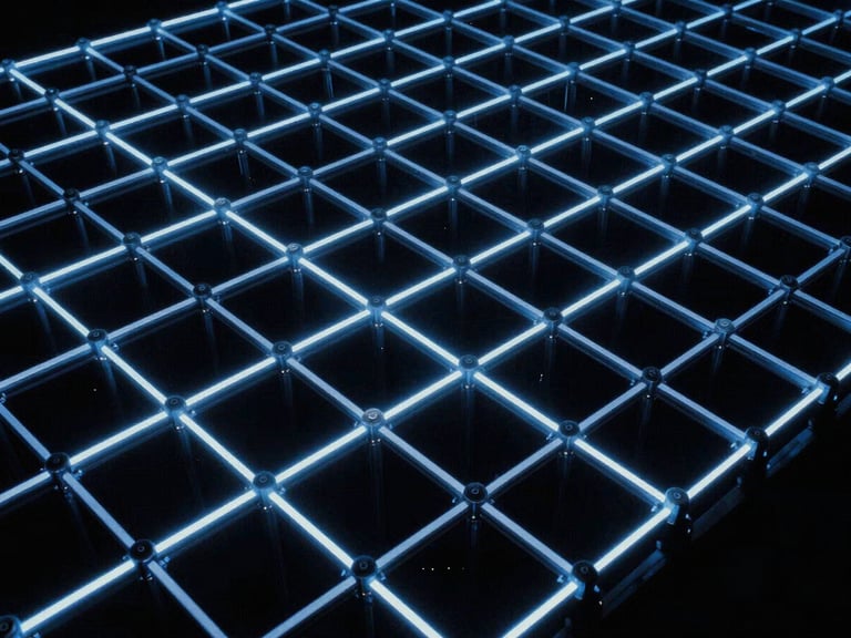 Abstract quantum lattice structure, glowing blue lines on a dark background, high contrast, 35mm