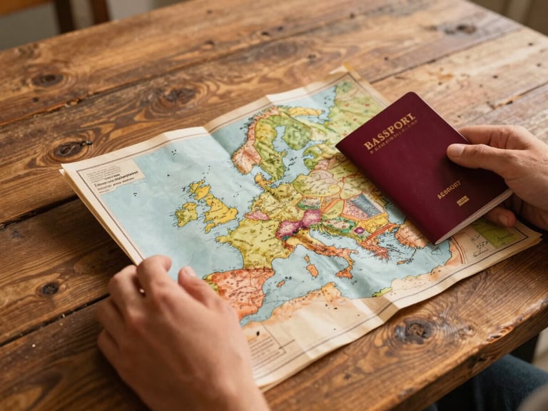 Close-up of hands planning a journey on a rustic wooden table, holding a vintage map of Europe, a red passport cover visible, warm side lighting, editorial travel style