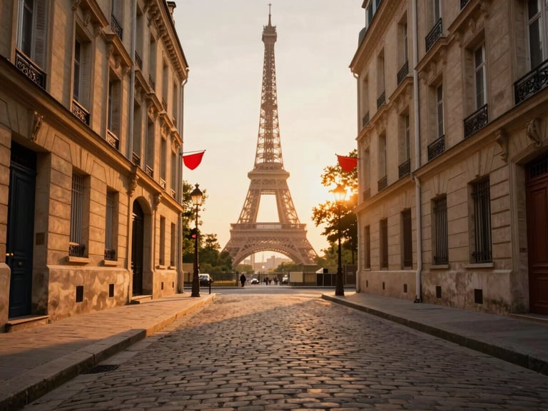A quiet cobblestone street in Paris during golden hour, the Eiffel Tower softly blurred in the distant background, warm editorial lighting