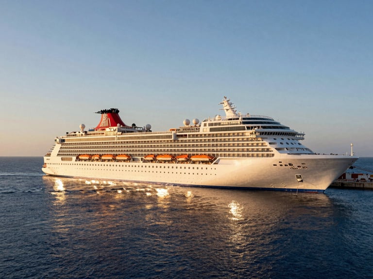 Wide-angle panoramic shot of a cruise ship docked in a Mediterranean port during golden hour, deep blue water, warm light reflecting on white decks