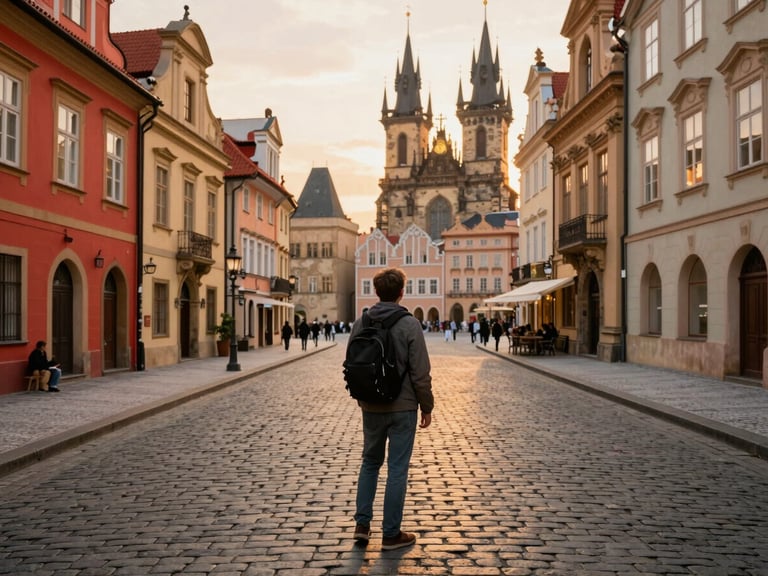 Wide-angle environmental shot of a traveler looking at a historic European cobblestone street at golden hour, warm lighting, 35mm