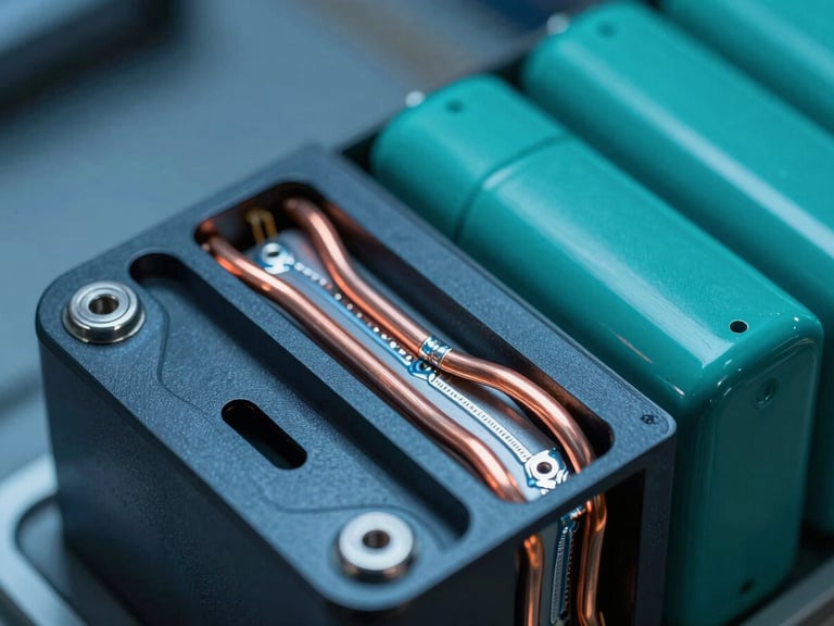 Macro shot of a high-performance lithium-ion battery pack casing, showing laser-welded copper busbars and cooling channels under cool blue industrial lighting.
