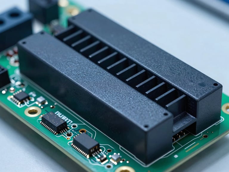 Close-up of a custom BMS circuit board with integrated heat sinks and microcontrollers, illuminated by sharp white highlights in a cleanroom lab.