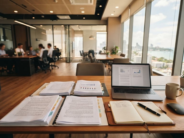 Wide environmental shot of a modern corporate office in Pattaya, bright natural daylight with warm golden undertones, structured legal documents and a laptop on a refined wooden desk, professional administrative setting, 35mm lens, shallow depth of field.