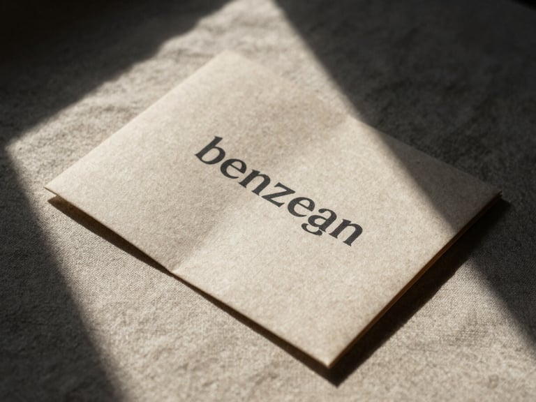 Dramatic high-contrast landscape shot of physical brand assets laid out on textured beige linen paper, sharp natural sunlight casting long diagonal shadows across the frame.