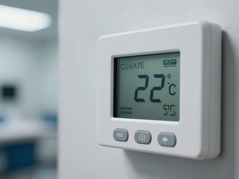 Macro close-up photograph of a modern digital climate-control thermostat interface displaying 22°C, mounted on a clean industrial wall, bright professional lighting.