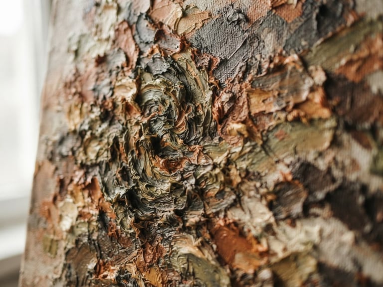 Close-up of thick oil paint textures in warm earth tones, soft window light casting deep shadows on plaster canvas, artistic depth