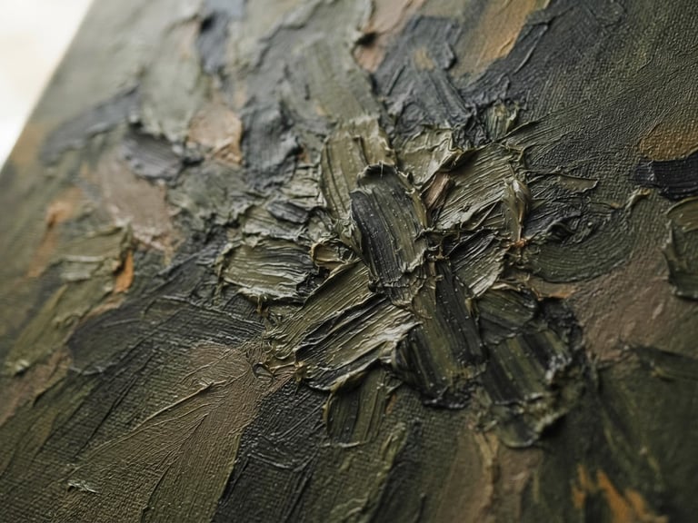 High-resolution close-up of oil paint texture on canvas, showing thick brushstrokes, muted olive and charcoal tones, soft natural side light.