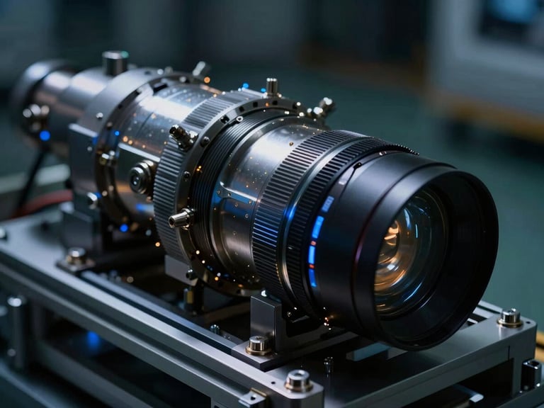 Macro photograph of clean-room aerospace engineering hardware, stark high-contrast lighting, technical steel structures, deep shadows, cool-toned telemetry blue highlights.