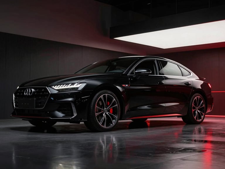 Low-angle heroic shot of a polished black modern sedan parked in a minimalist showroom, dramatic high-contrast studio lighting, deep shadows, rich crimson accents reflecting on the wet floor, 50mm lens