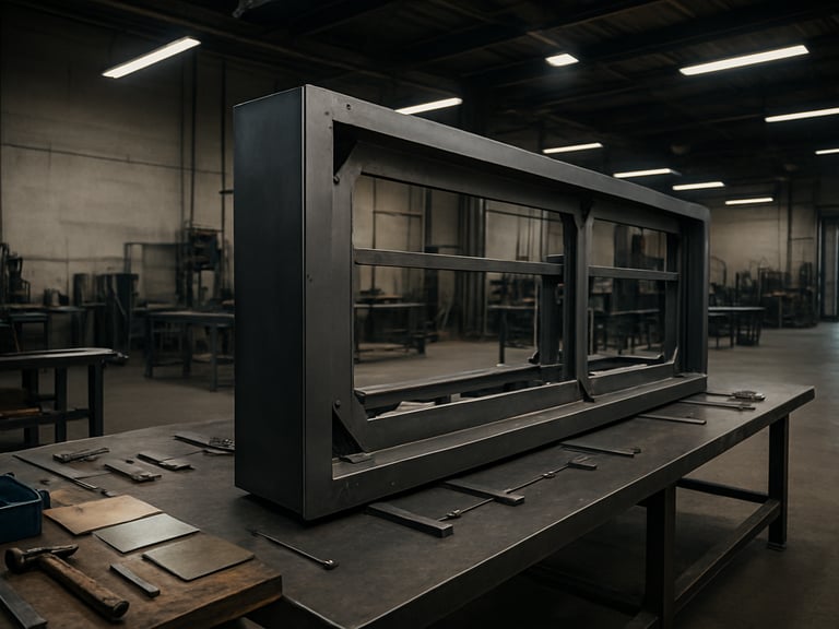 Wide panoramic view inside a fabrication studio, a large-format metal sign structure in mid-assembly on a steel workbench, cool overhead industrial lighting, tools and material samples visible to the left, open floor to the right