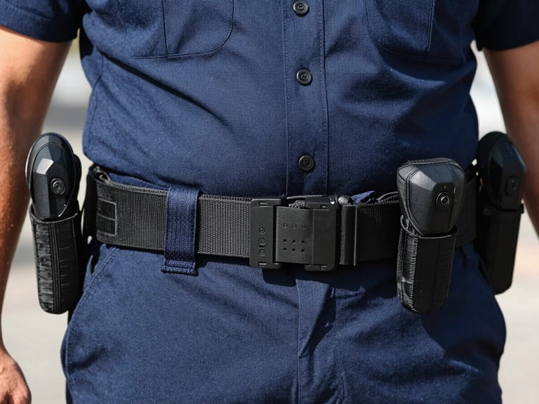 Dynamic close-up of a tactical belt and official Canarian police uniform details, sharp focus, bright daylight