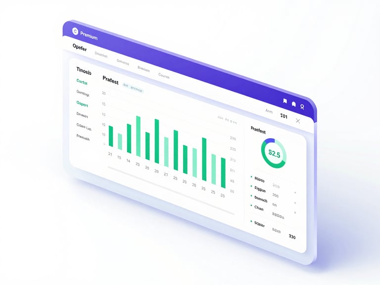 premium 3d render, crisp high-key studio light, modern enterprise dashboard UI showing a diagnostic report, subtle glassmorphism, clean isometric perspective, green and purple accents