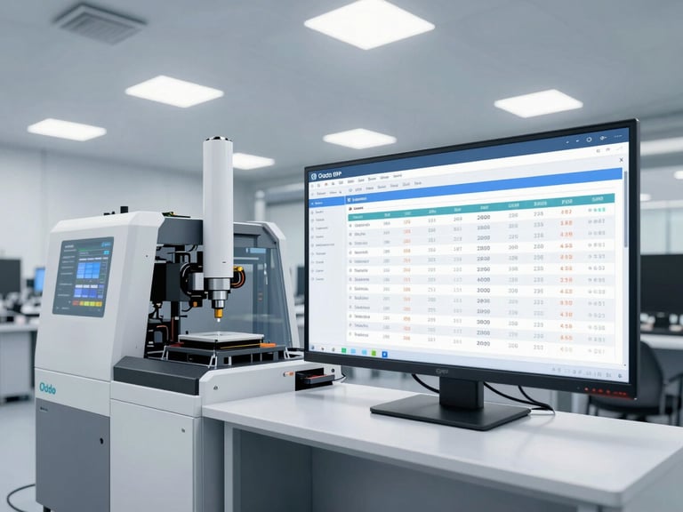 Modern manufacturing facility with automated machinery, clean industrial environment, high-key studio light, alongside an Odoo ERP dashboard displaying a detailed production schedule and inventory levels
