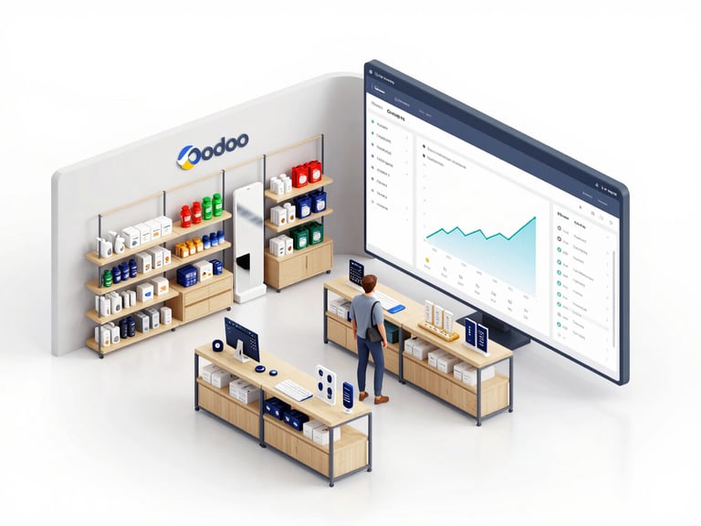 Stylized retail store interior with subtle product displays and a customer browsing, integrated with an Odoo ERP dashboard showing online sales trends and inventory across multiple channels, crisp high-key studio light, subtle glassmorphism