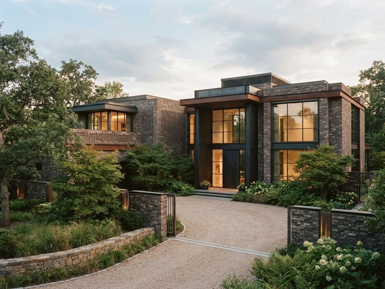 Architectural perspective of a secure, modern brick and steel estate, warm natural low-contrast daylight, soft shadows, medium format film style