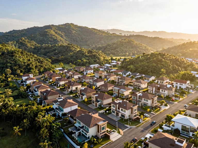 Aerial panoramic view of a premium residential subdivision in Cebu, surrounded by lush green hills under a bright morning sun, architectural photography