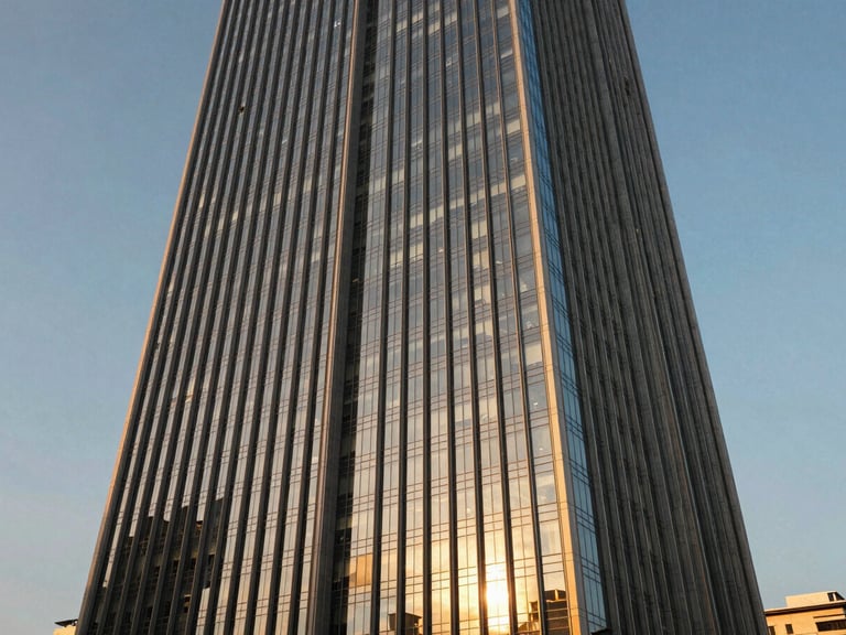 Wide architectural angle of a modern sun-drenched skyscraper in Cebu IT Park, golden-hour sunlight reflecting off glass panels, clean vertical lines.