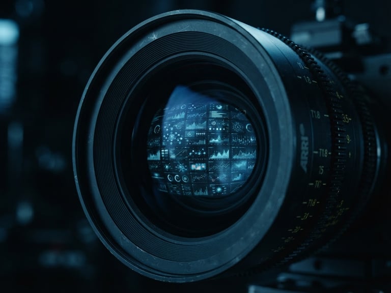 Extreme close-up of a professional cinema camera lens reflecting a digital analytics dashboard, low-key dramatic lighting, cool blue tones, anamorphic crop.