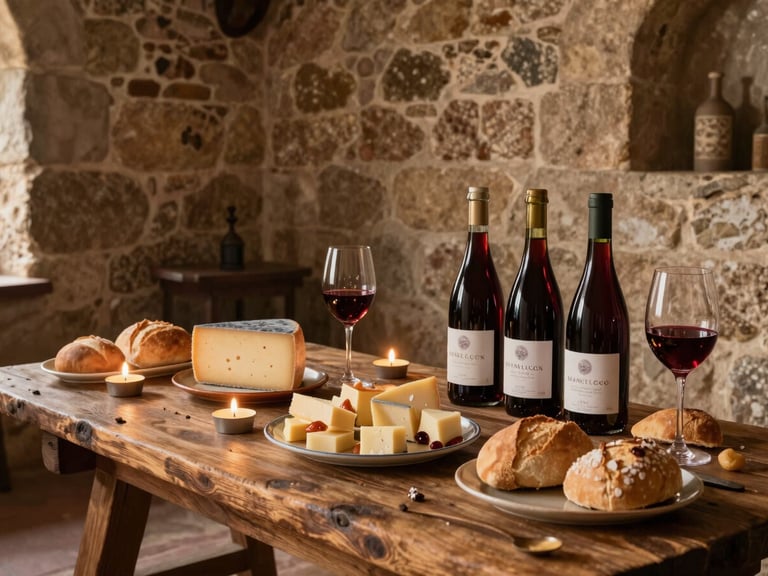 Mesa rústica de madeira em uma adega de pedra antiga, com garrafas de vinho tinto, taças cheias, queijos coloniais fatiados e pães artesanais sob luz quente de velas.