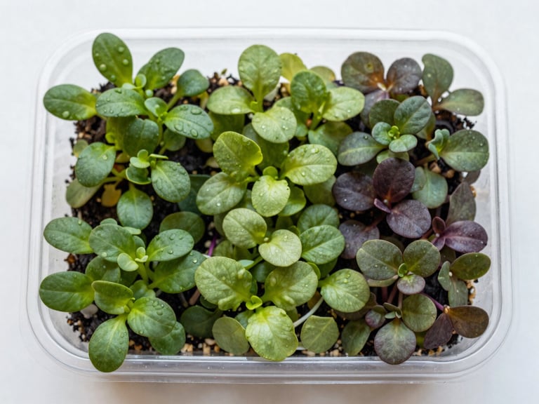 Overhead flat-lay of a vibrant, diverse microgreen mix in a clear compostable container, bright natural daylight