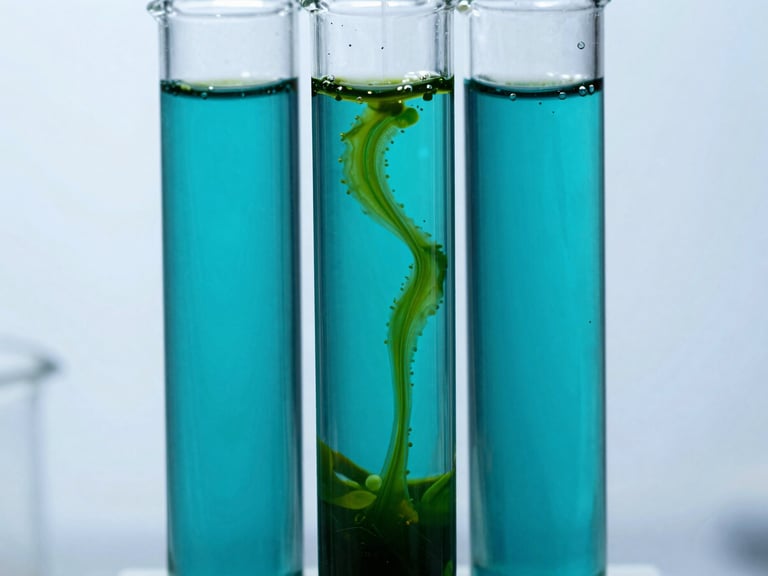 Sterile glass photobioreactor tubes filled with bubbling deep teal microalgae cultures, cool crisp laboratory lighting, 50mm