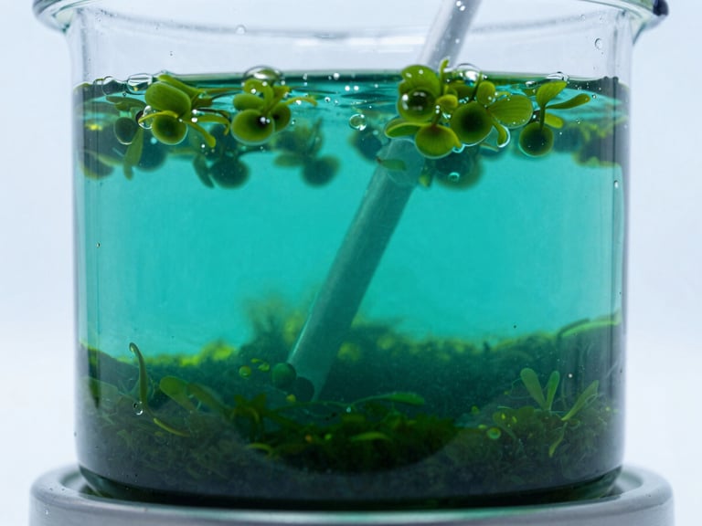 Crisp scientific photography of sterile glass photobioreactors with bubbling emerald green microalgae cultures, cool laboratory light, macro detail, 50mm