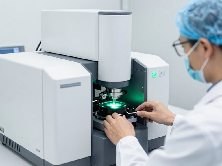 A cleanroom scientist in sterile gear operating an analytical mass spectrometer in a high-key white laboratory, cool green accents, 50mm