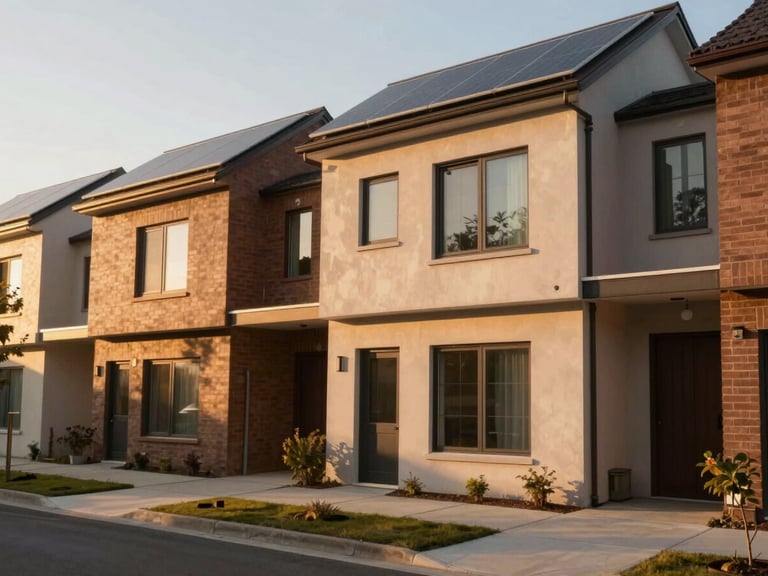 A warm editorial photograph of a newly completed modern townhouse with solar panels, soft golden-hour light casting long shadows on a clean sidewalk, 35mm lens