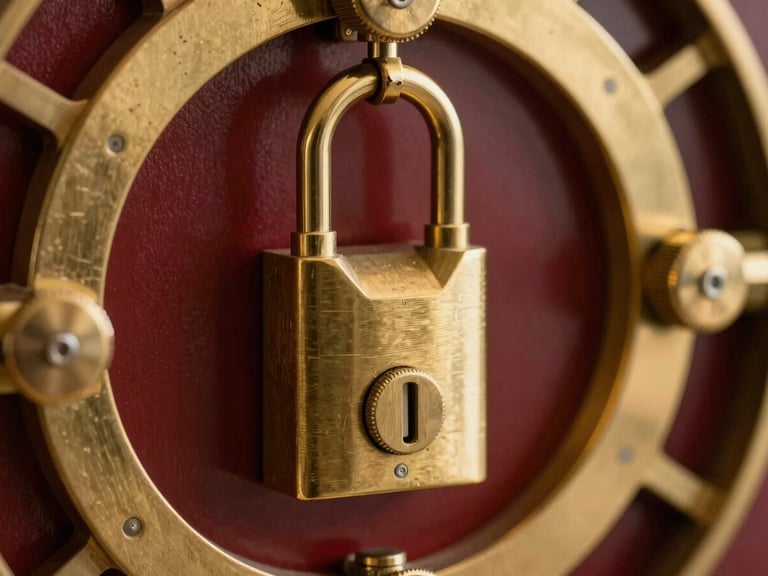 Macro close-up of a heavy brass vault locking mechanism with rich gold highlights cutting through deep wine-red shadows, architectural precision, high-end private bank atmosphere