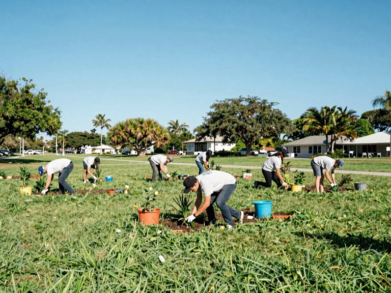 Volunteers planting a community garden in a bright South Florida park, vibrant green grass, clear blue sky, active movement, 35mm