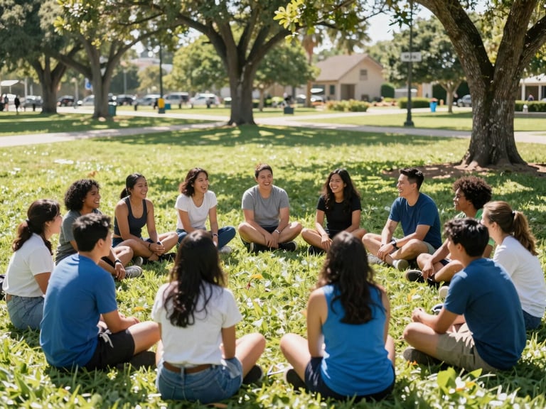 A diverse group of active community members sitting in a circle in a sunlit Florida park, laughing and collaborating, high-key natural lighting, 35mm