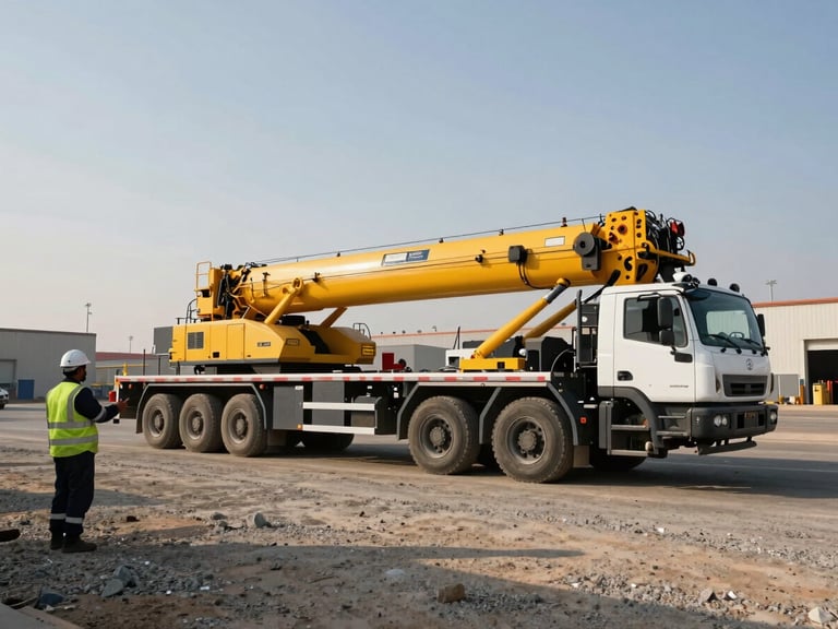 Ground-level wide shot of a heavy mobile crane mounted on a transport truck pulling out of an industrial yard in Saudi Arabia, afternoon sun casting hard shadows across the gravel surface, a worker in full PPE with hard hat and high-visibility vest visible to the left foreground directing the vehicle, serial plate on the crane boom visible in the frame