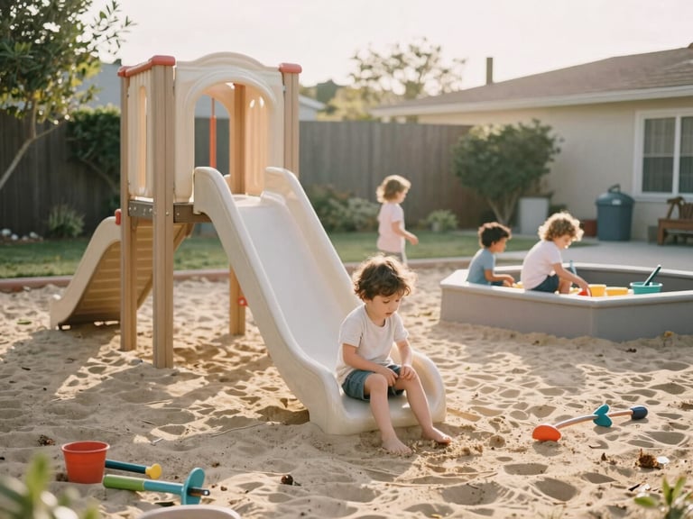 Sunny backyard play area with small slide, sandpit, and gardening tools, children playing, soft golden hour outdoor light, eye-level with children, candid 35mm