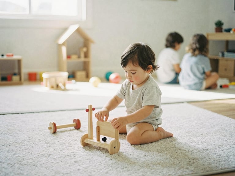Bright, clean indoor play area with natural wood toys and soft rugs, natural light, eye-level with children, candid 35mm