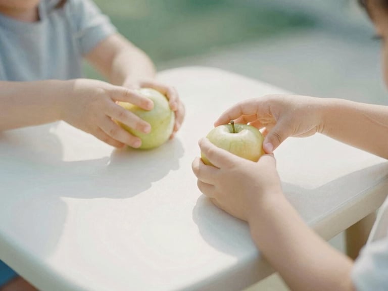 Close-up of small hands reaching for fresh fruit on a child-sized table, soft natural California sunlight, shallow depth of field, candid 35mm