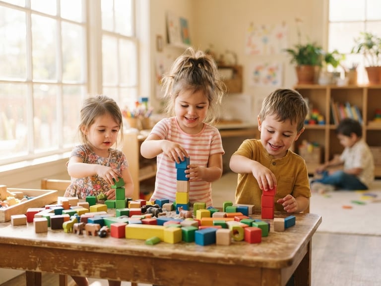 Warm, natural California sunlight streaming through windows, children engaged in sensory play with colorful blocks on a low table, candid eye-level shot, shallow depth of field.