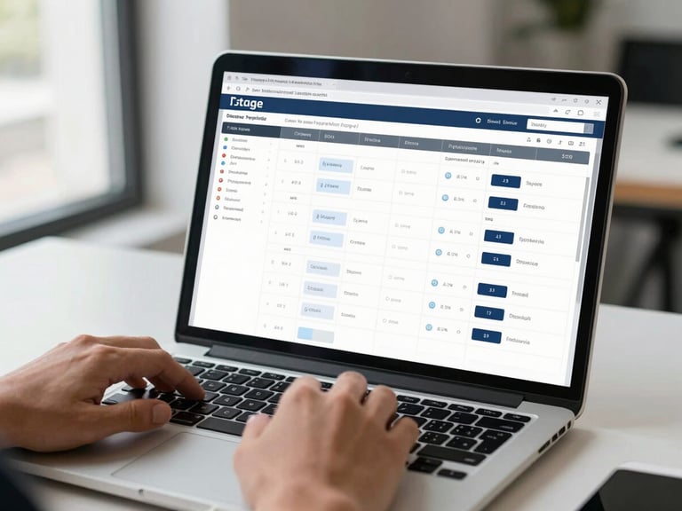Medium-wide shot of a laptop screen displaying a deal pipeline dashboard with stage columns and opportunity cards, a founder's hands resting on the keyboard in the foreground, natural office daylight from the left, clean desk surface visible, shallow focus on the screen data