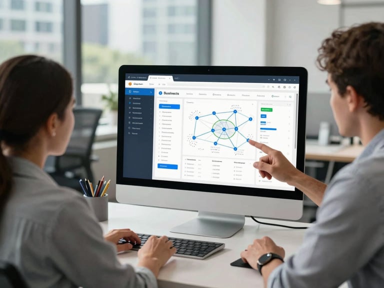 Wide environmental shot in natural daylight, a chamber executive and two small business founders gathered around a large monitor displaying a branded business directory dashboard with network analytics, modern urban office setting, hands gesturing at screen, collaborative and decisive atmosphere