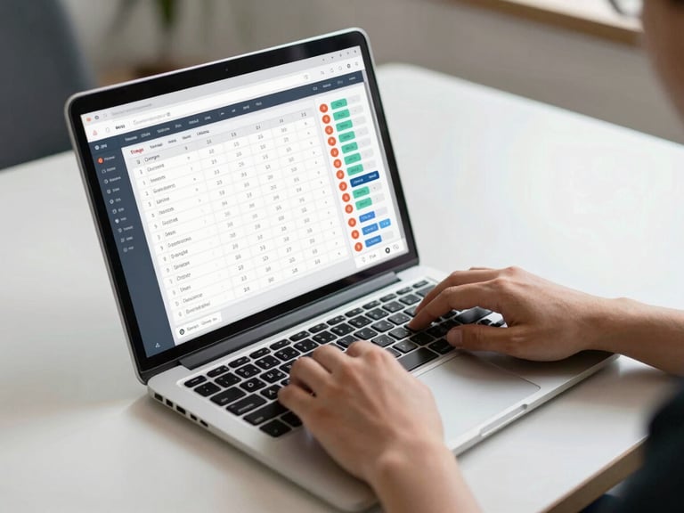 Medium-wide natural daylight shot, hands on a laptop keyboard showing a deal-tracking dashboard with stage columns and NDA status indicators, a second person across the desk visible out of focus, co-working office environment, clean desk surface