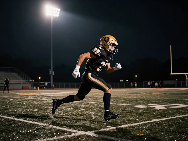Dynamic action shot of a football player in a black jersey sprinting on a dark pitch, stadium floodlights casting long shadows, 35mm