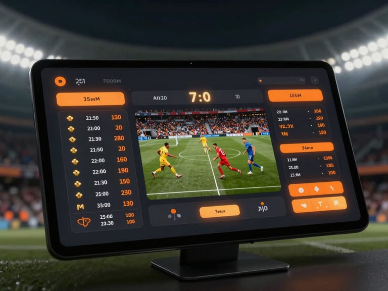 Sleek digital UI mockup showing complex football match statistics and odds charts on a dark screen, glowing orange accents, 35mm