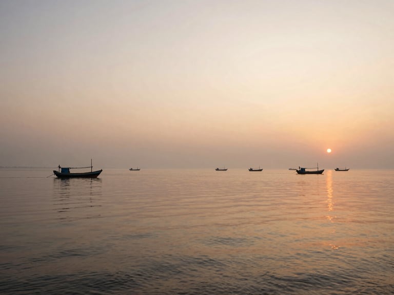Serene coastal view of Chilika Lake at sunrise, soft morning mist, traditional fishing boats in the distance, calm waters. Panoramic.