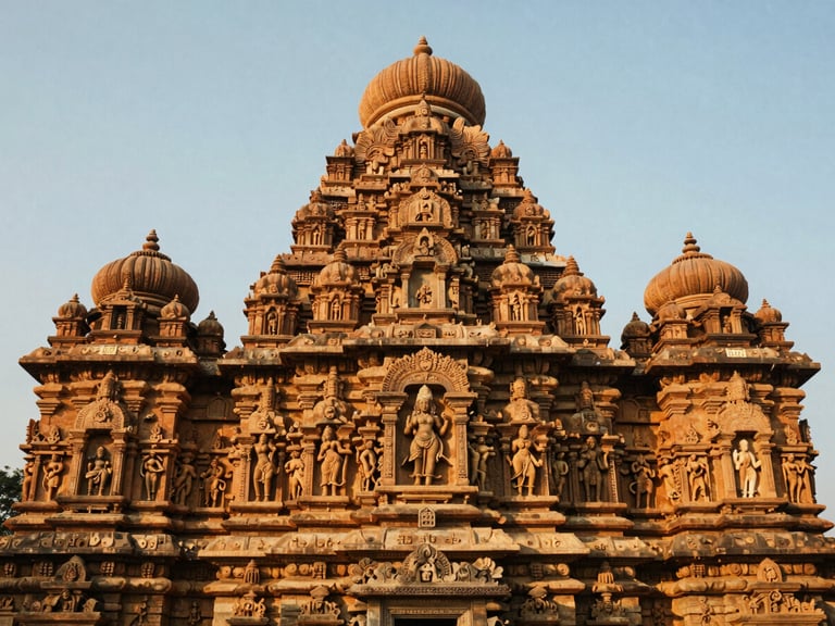 Wide shot of Konark Sun Temple carvings at sunrise, warm light, intricate details, no people.