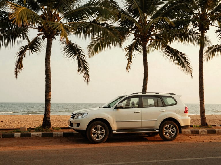 A spacious white SUV parked under palm trees near the Puri coastline, warm golden-hour light, rich saturated earth tones, warm editorial travel photography, 35mm film look.