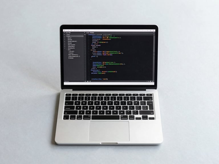 bright minimalist tech photography, flat lay of a high-end laptop displaying clean code architecture, soft diffused daylight, clean light gray background, sharp focus, 35mm