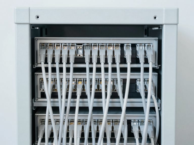 Minimalist flat lay of network cables organized perfectly in a clean server cabinet, bright diffused daylight, sharp focus on clean lines, 35mm