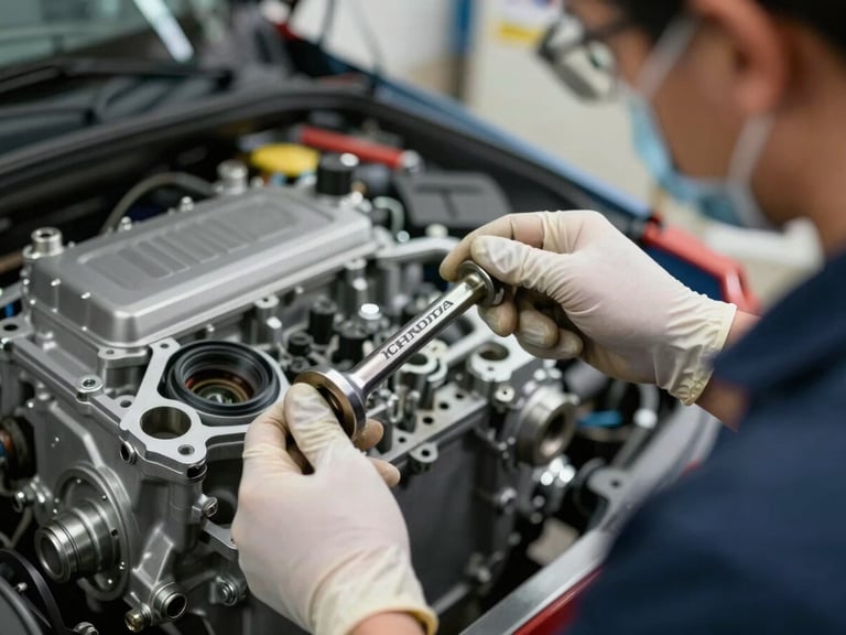 Primer plano macro de un técnico certificado con uniforme limpio de Honda ajustando un motor con una llave de torque de precisión, iluminación de taller de alta gama.
